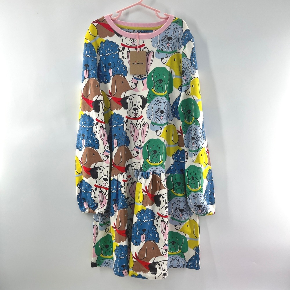 Mini Boden Dress Girls 11-12Y Dog Print Multicolor Puppy Cotton Sweatshirt Terry